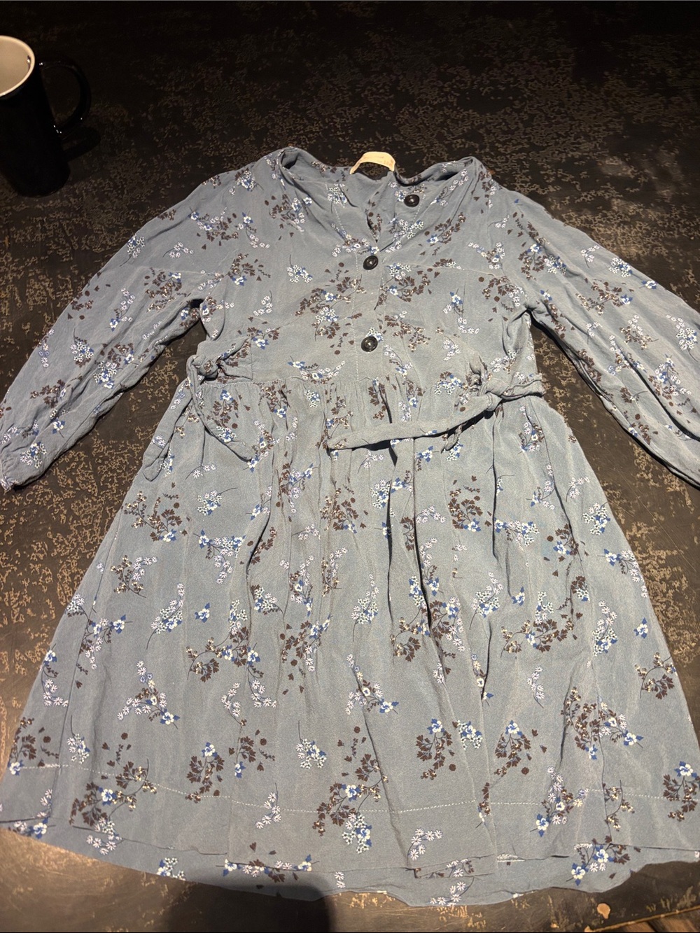 Zara Dusty Blue Floral Long-Sleeve Button Dress